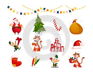 Collection of Santa Claus, year mascot tiger and Santa elves characters, Christmas decor elements photo